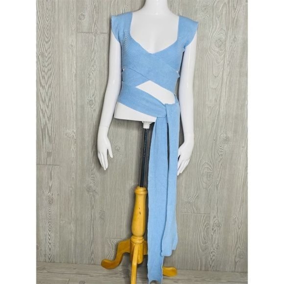 Nwt my boo blue wrap tie shirt cap sleeve cropped style size medium - Picture 1 of 8